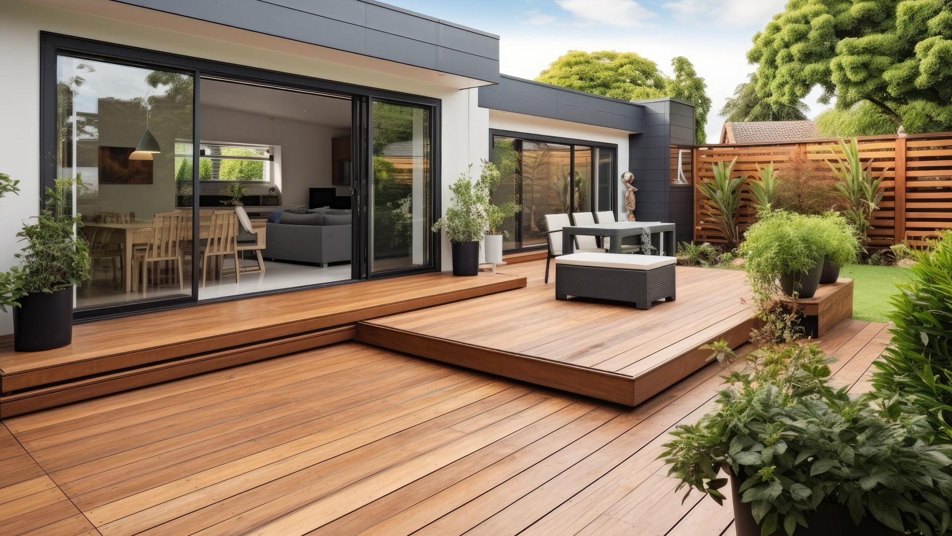 Magnifique terrasse en bois, ouverture en PVC